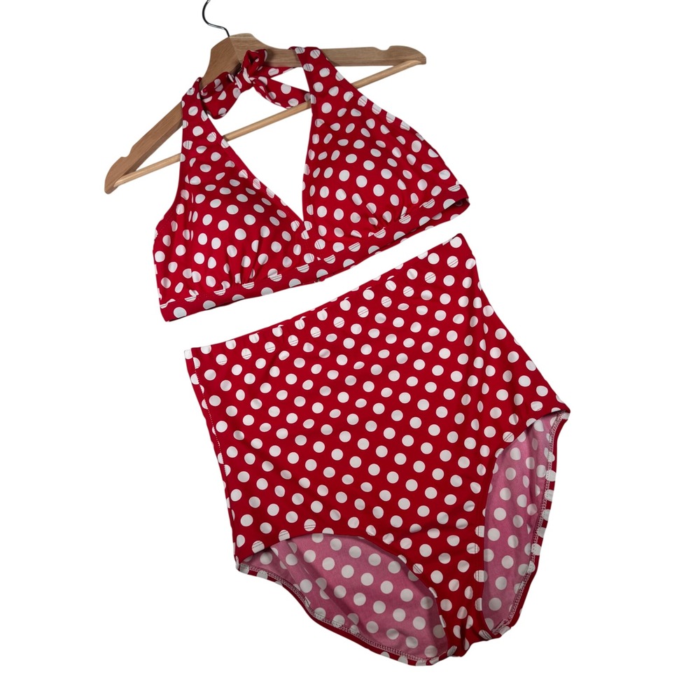 Swimsuits For All Bikini Women 12/14 Red Polka Dot High Waist Retro 67-0383-9